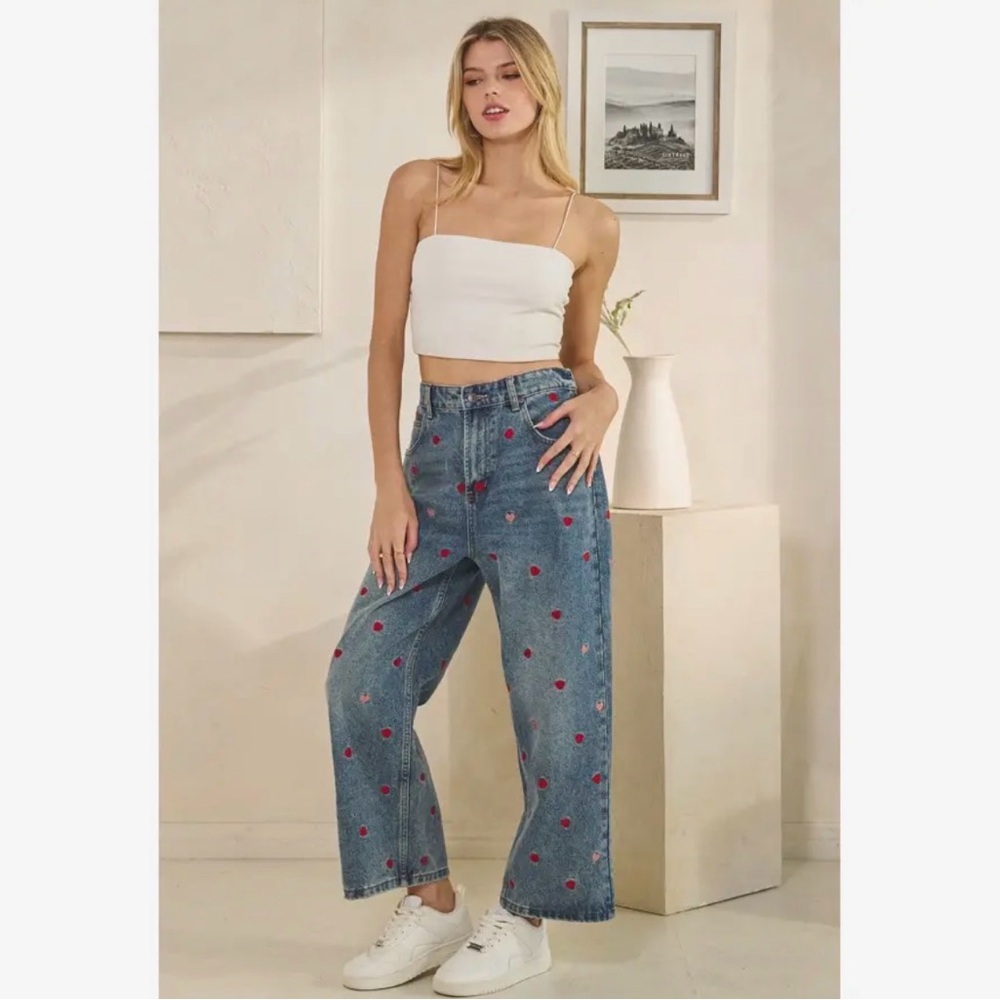 Oli & Hali Blue Wide Leg Jeans with Red Heart Embroidery - Picture 7 of 12